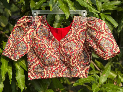 Cream cotton paisley block print blouse with short sleeves, front view, handcrafted by Meghambara