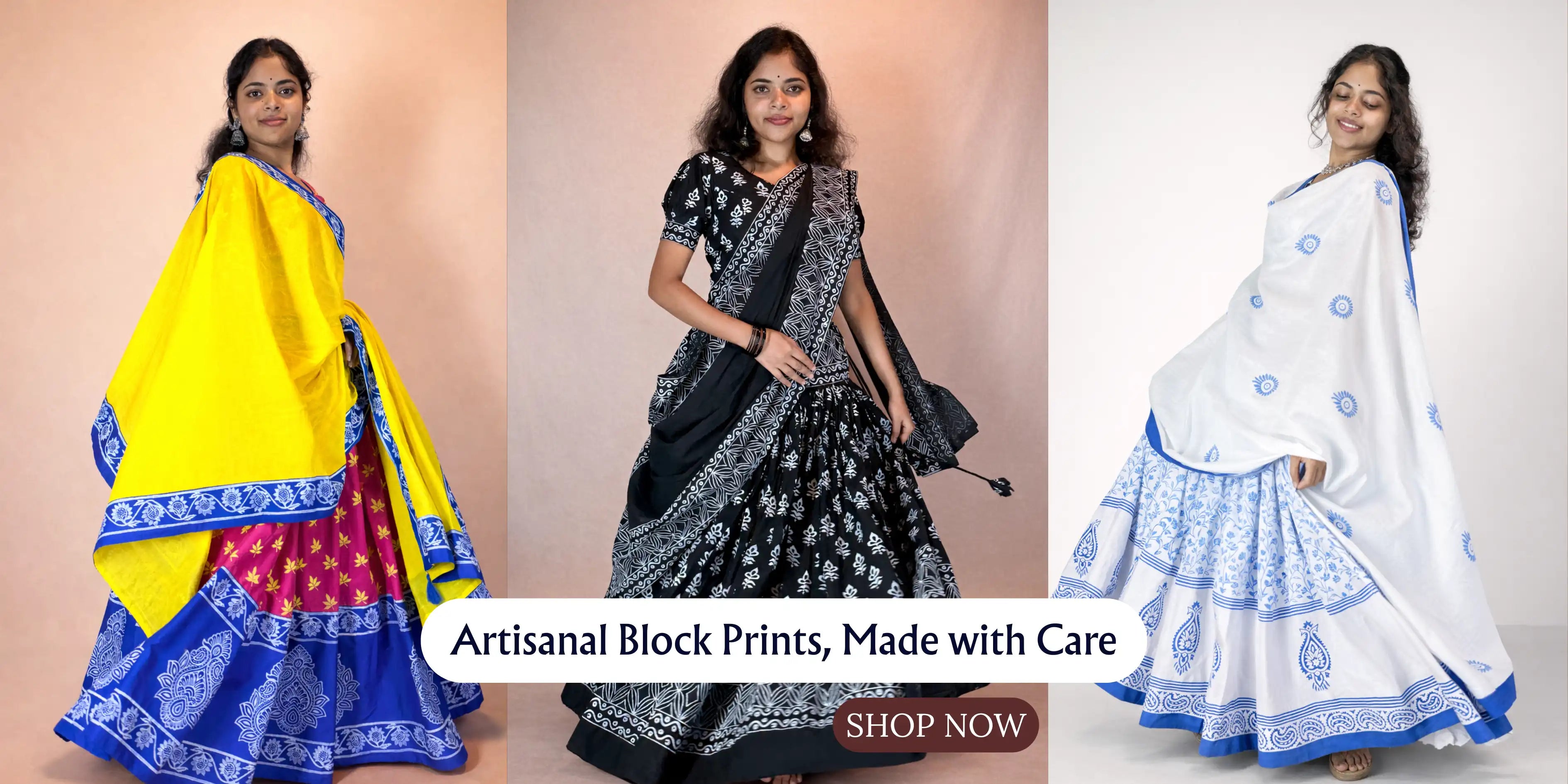 Artisanal block print dresses for women by Meghambara, showcasing handcrafted ethnic wear in vibrant and elegant designs