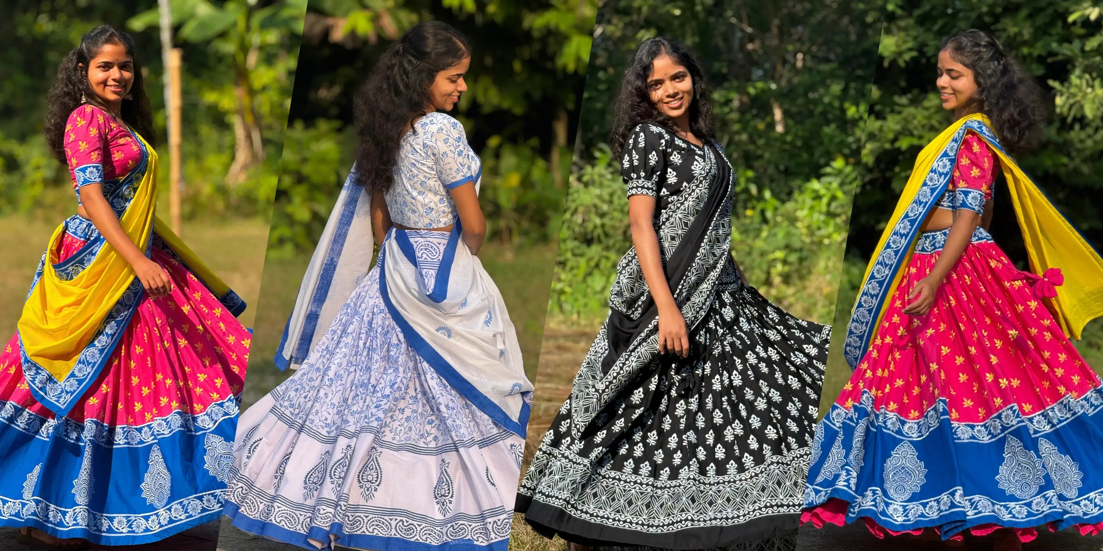 Four women wearing vibrant traditional Meghambara block-printed gopi dresses in pink, blue, white, and black colors, photographed outdoors in natural sunlight.