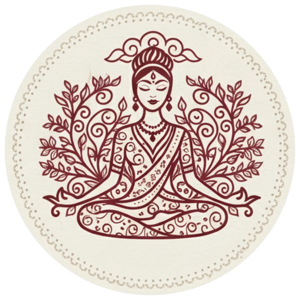 Circular coaster with a red illustration of a meditating figure and floral elements on a white background