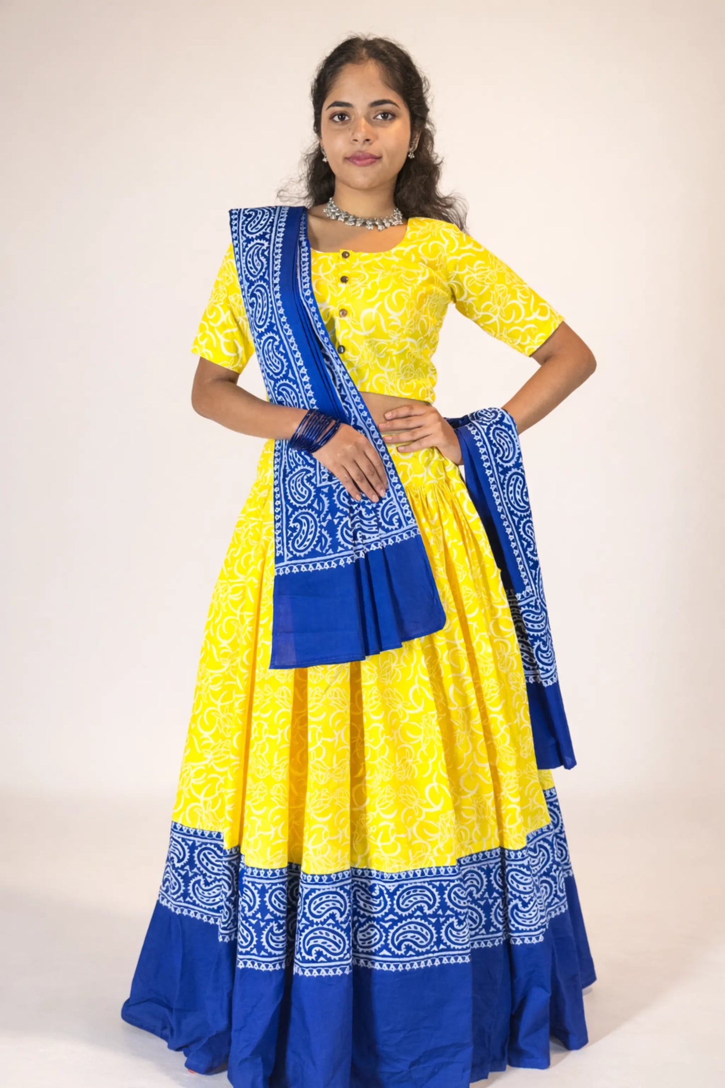 Full length studio shot of Neelambari hand block print pure cotton gopi skirt set