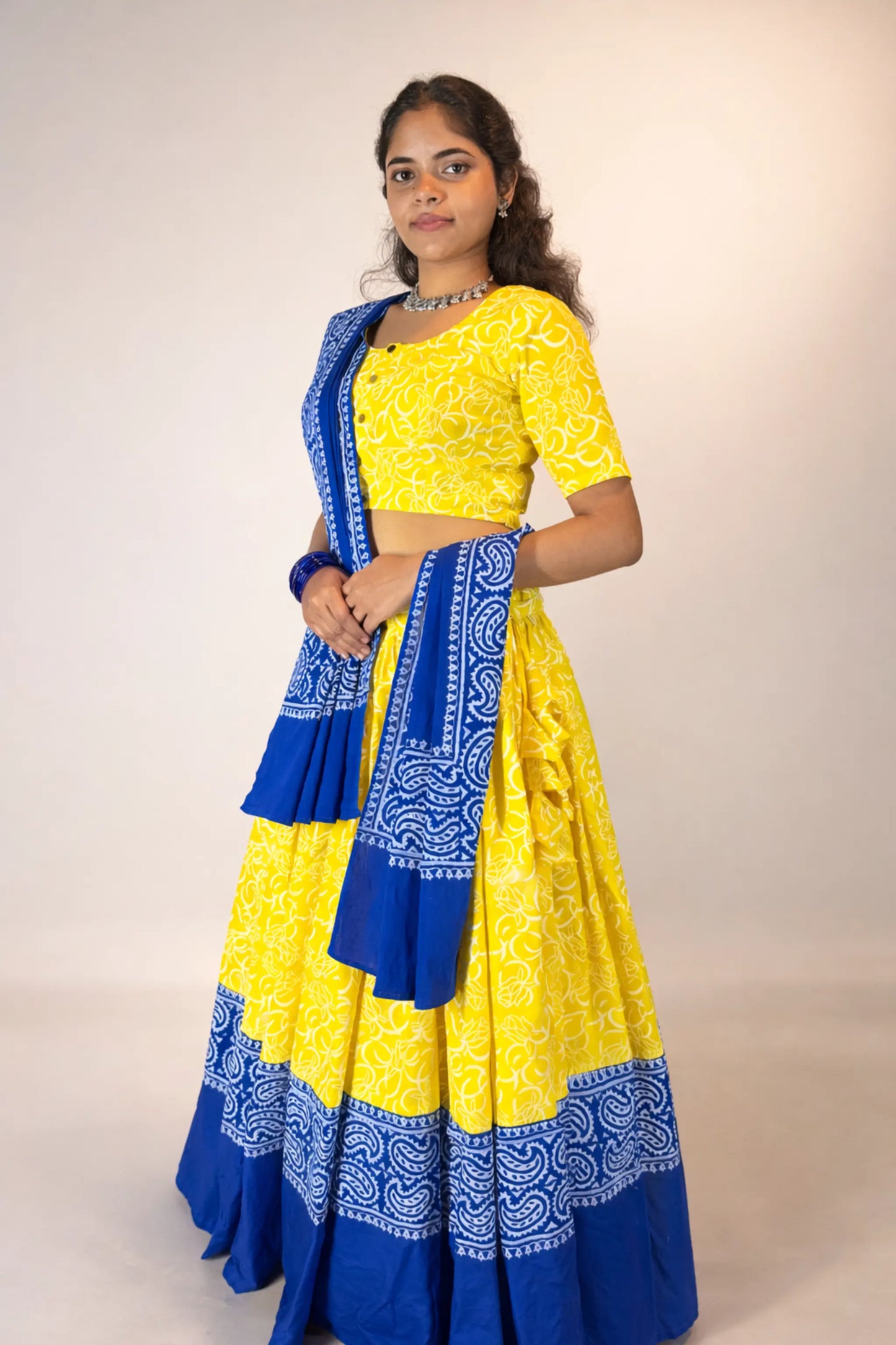 Neelambari hand block print pure cotton yellow and blue gopi skirt set front full view