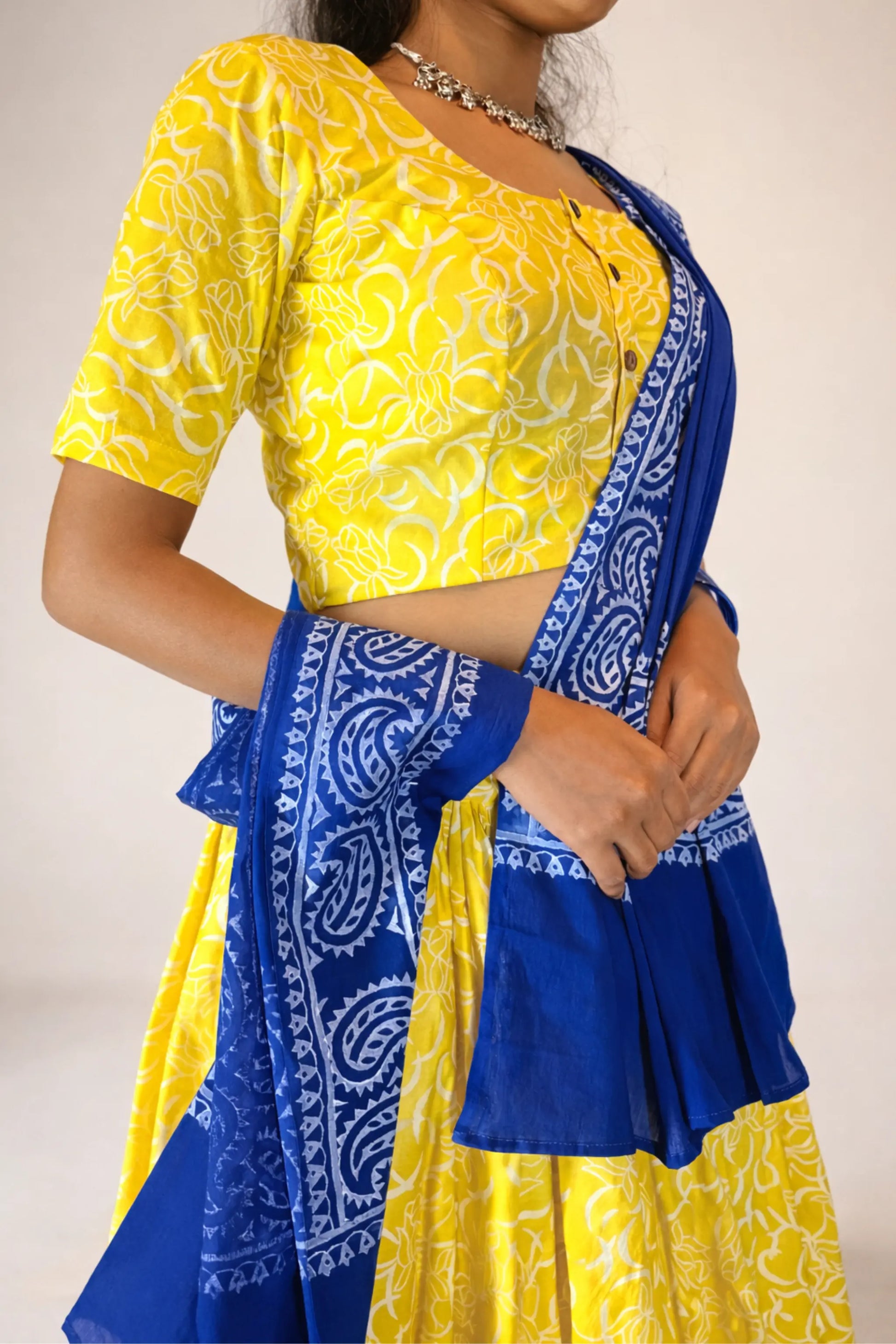 Close-up of blouse and dupatta detailing in Neelambari hand block print pure cotton gopi skirt set