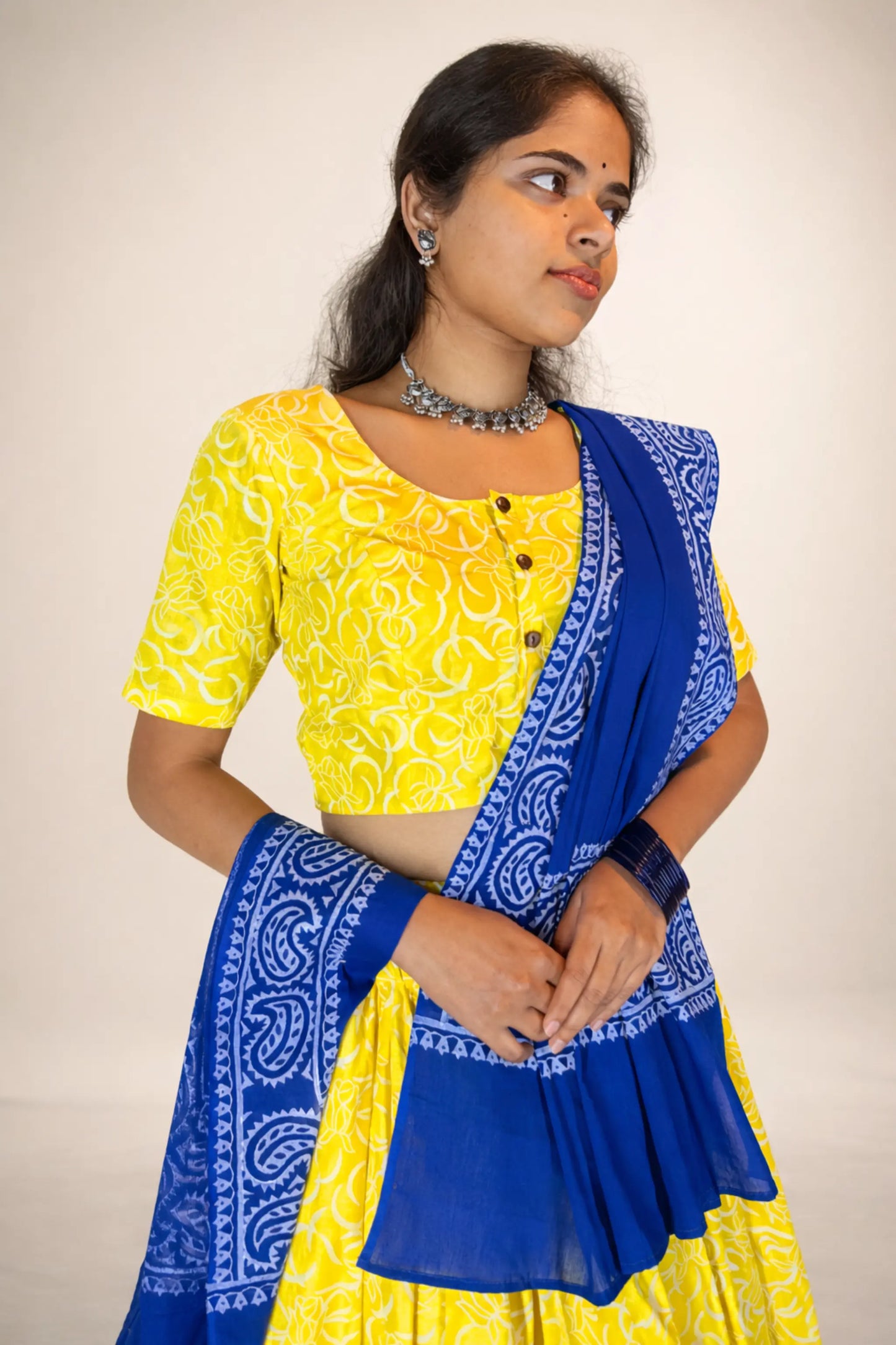 Blouse neckline and hand block print detail of Neelambari pure cotton gopi skirt set