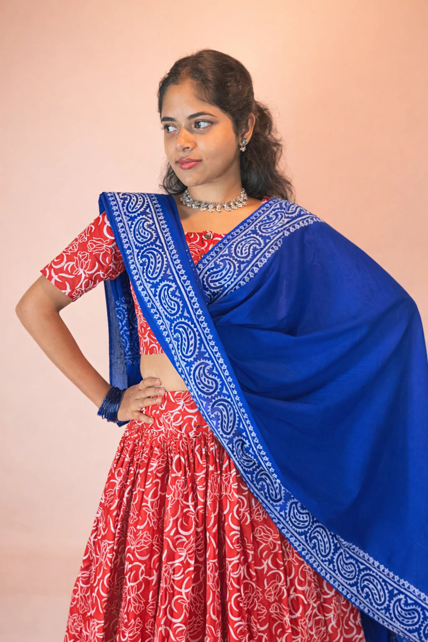 Ranga Moti red and blue hand block print pure cotton gopi dress set full front view with flowing skirt and traditional design