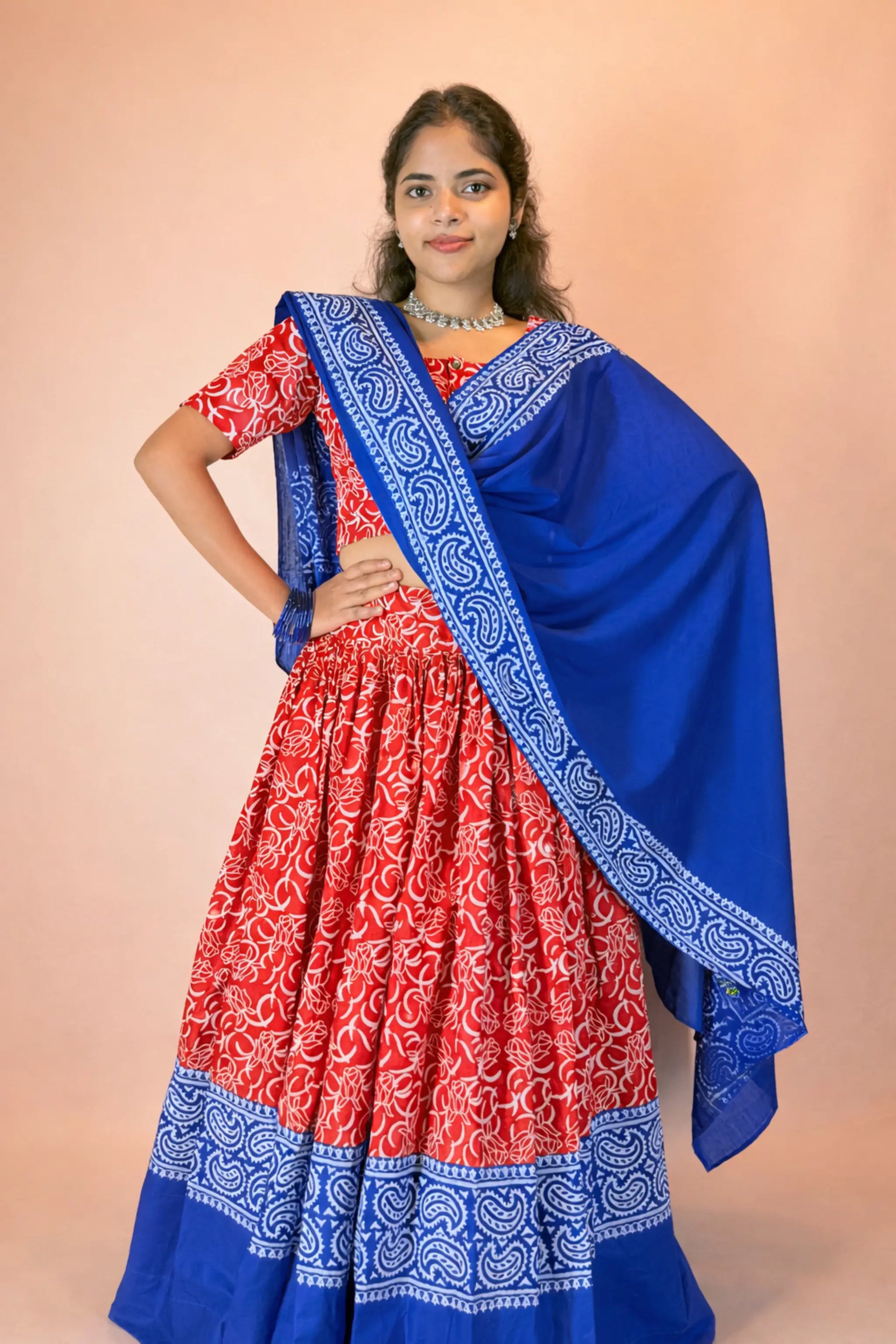 Front pose of Ranga Moti hand block print pure cotton gopi dress set showing elegant silhouette and folk inspired design