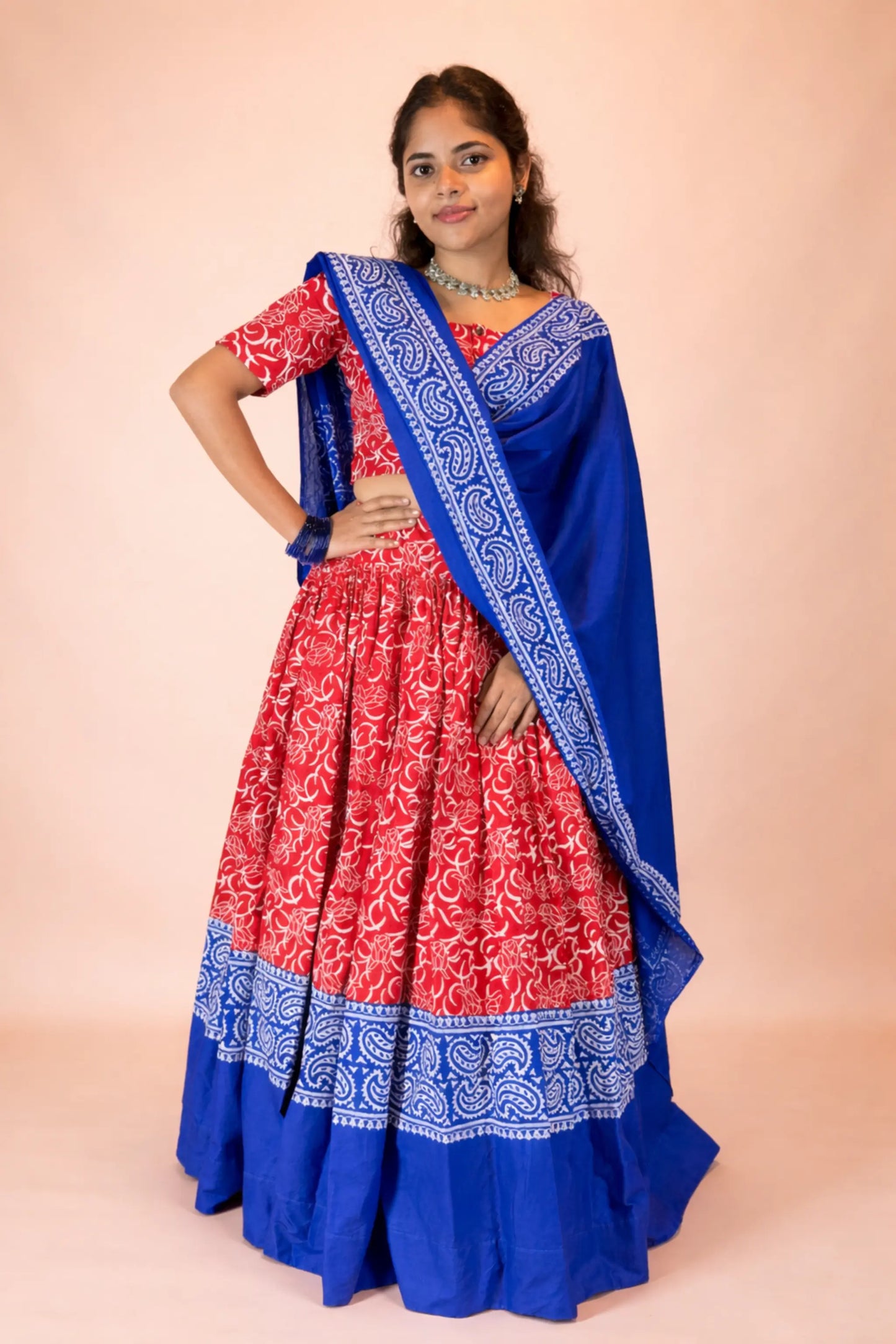 Ranga Moti hand block print pure cotton gopi dress set shown in side angle highlighting elegant fit and drape