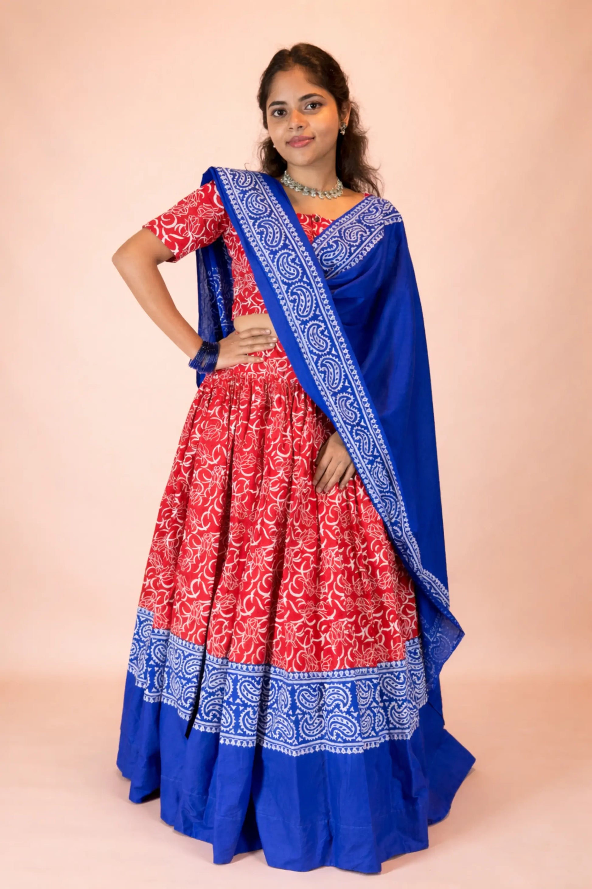 Ranga Moti hand block print pure cotton gopi dress set shown in side angle highlighting elegant fit and drape