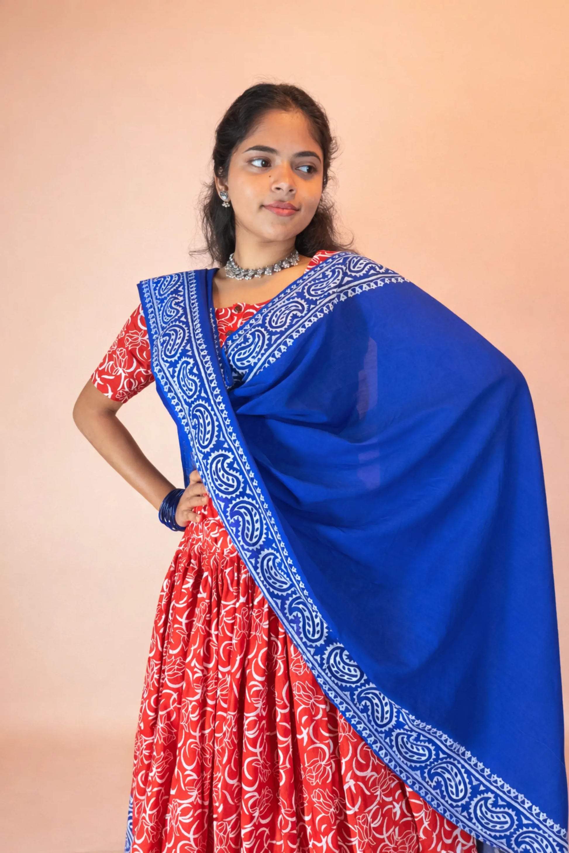 Front pose of Ranga Moti red and blue hand block print pure cotton gopi dress with traditional dupatta styling