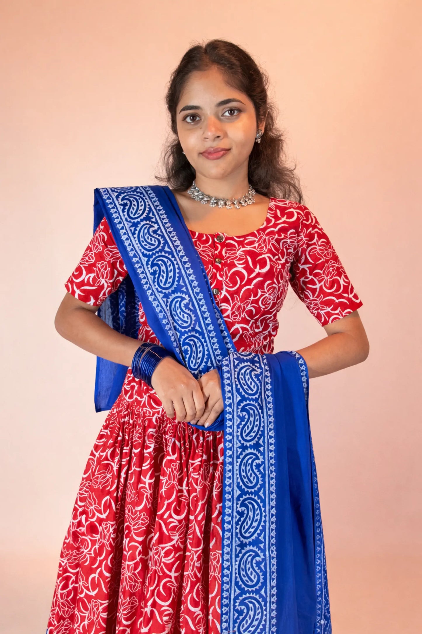 Ranga Moti gopi dress set with blue hand block print dupatta draped gracefully over pure cotton outfit