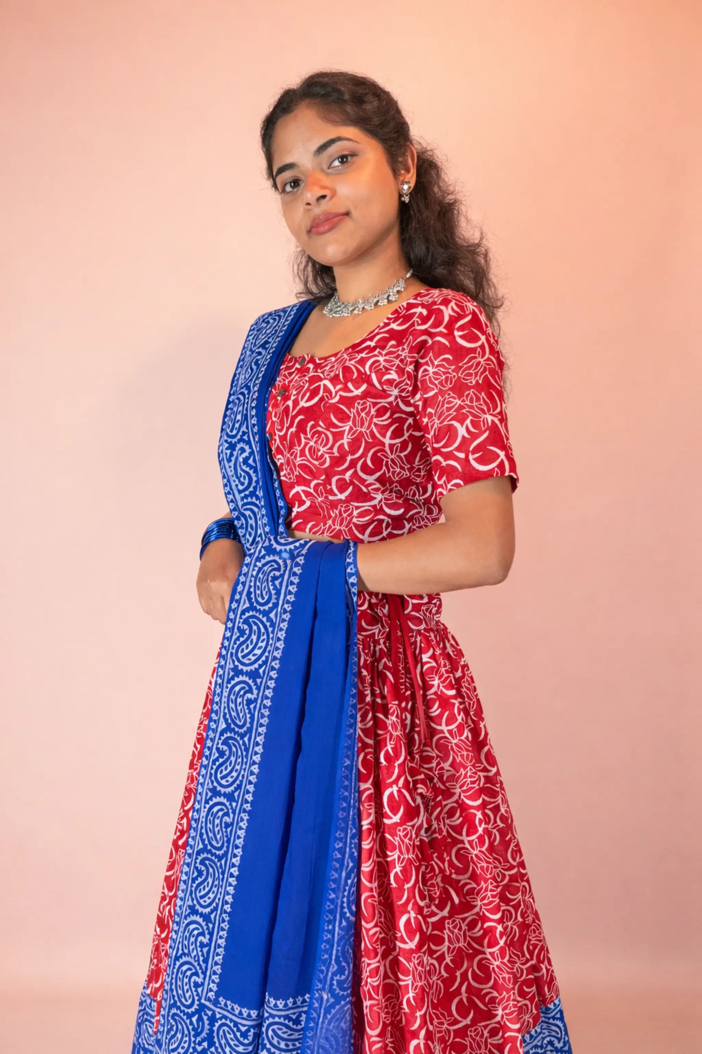 Close view of Ranga Moti hand block print pure cotton gopi dress highlighting blouse pattern and neckline