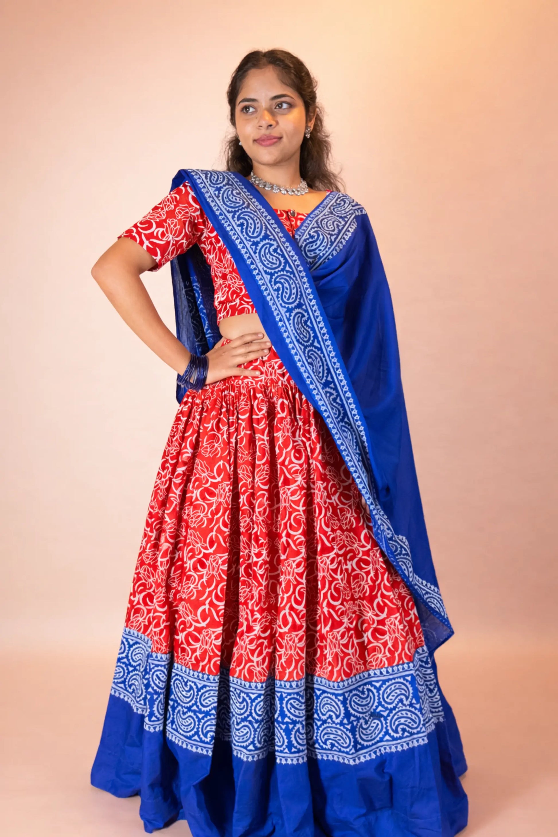 Ranga Moti red and blue hand block print pure cotton gopi dress set full front view with traditional dupatta and flowing skirt