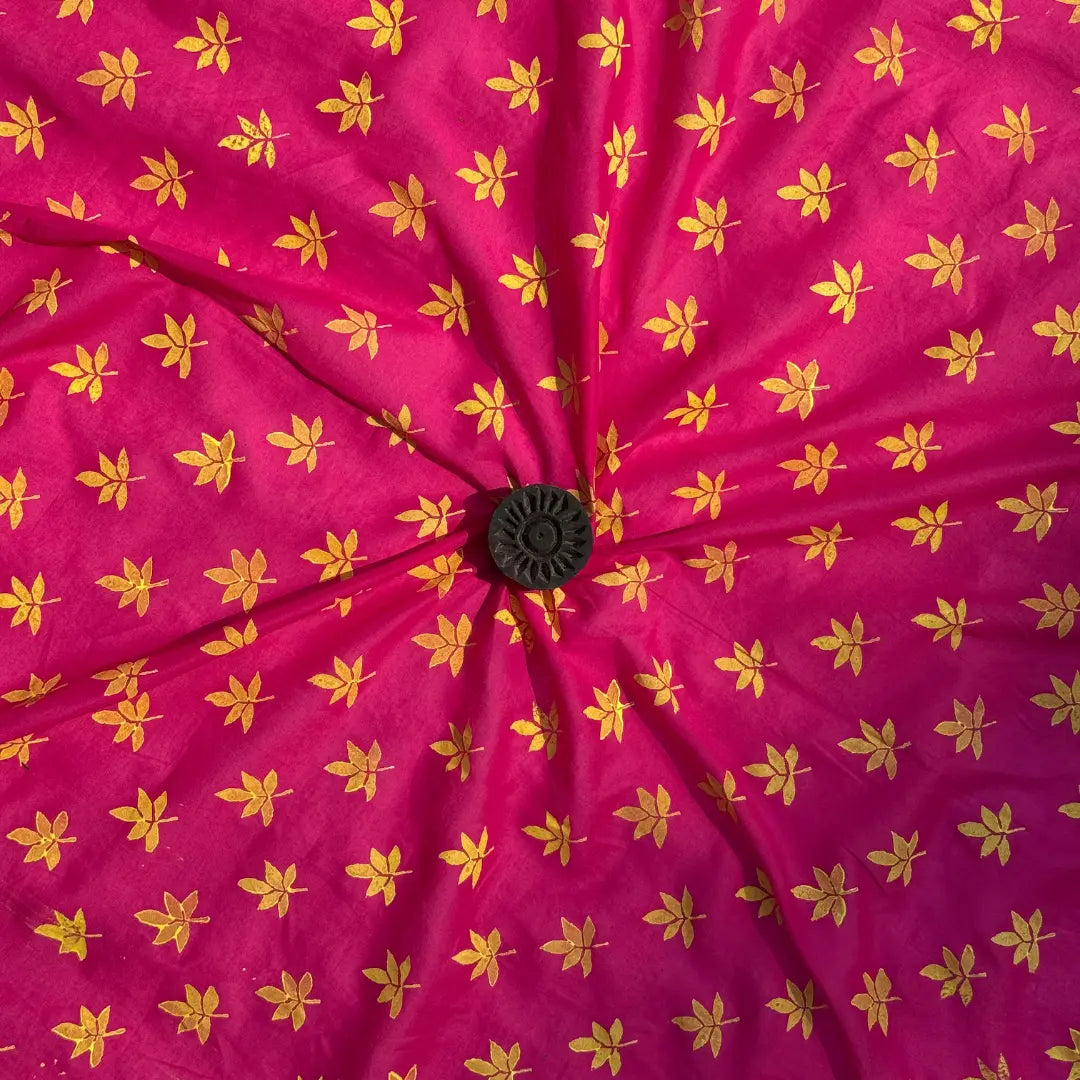 Close-up of a pink fabric with yellow floral patterns