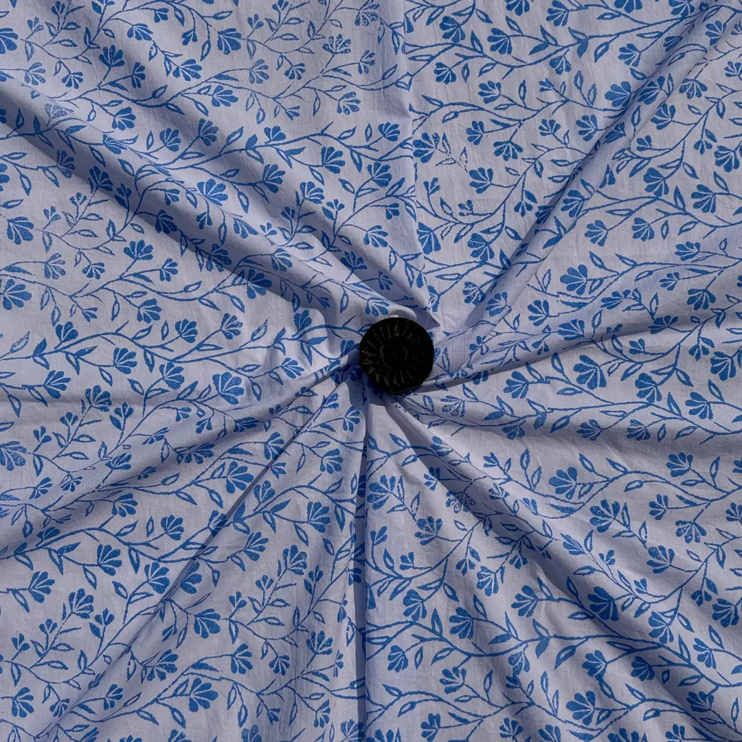 Close-up of a blue floral patterned fabric with a central black button.
